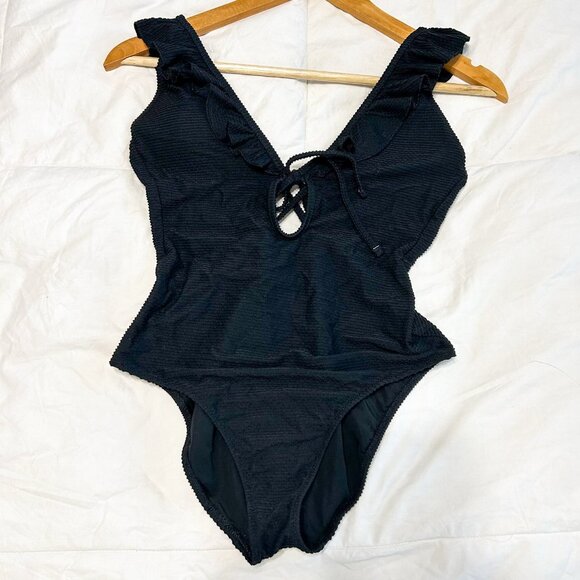 Aerie Textured Ruffle Tie One Piece Swimsuit Black Women’s Size Medium - Picture 2 of 8